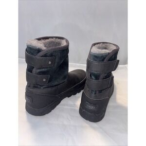 UGG Australia Authentic Black Suede Rubber Fur Kids Size 4 EUC